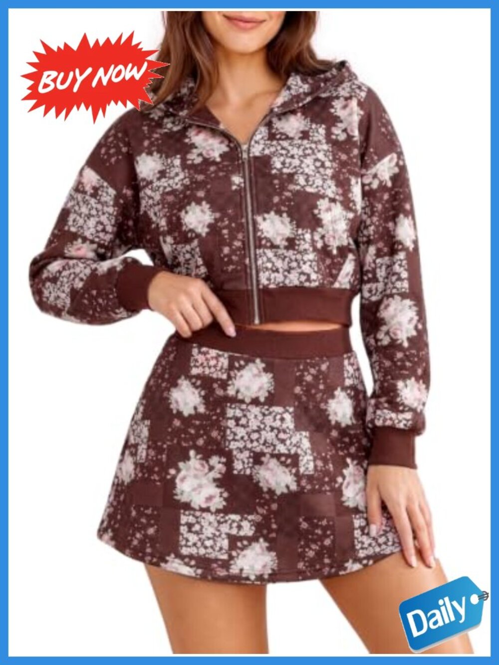 2 Piece Skort Set Floral Plaid Hooded Jacket High Waist A Line Mini Skirt